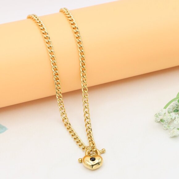 "Heart Charm Chunky Chain Yellow Necklace in Gold Finish, XPNL0375 - Picture 10 of 13